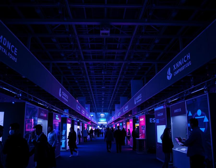 Trade show exhibit hall aisle at night