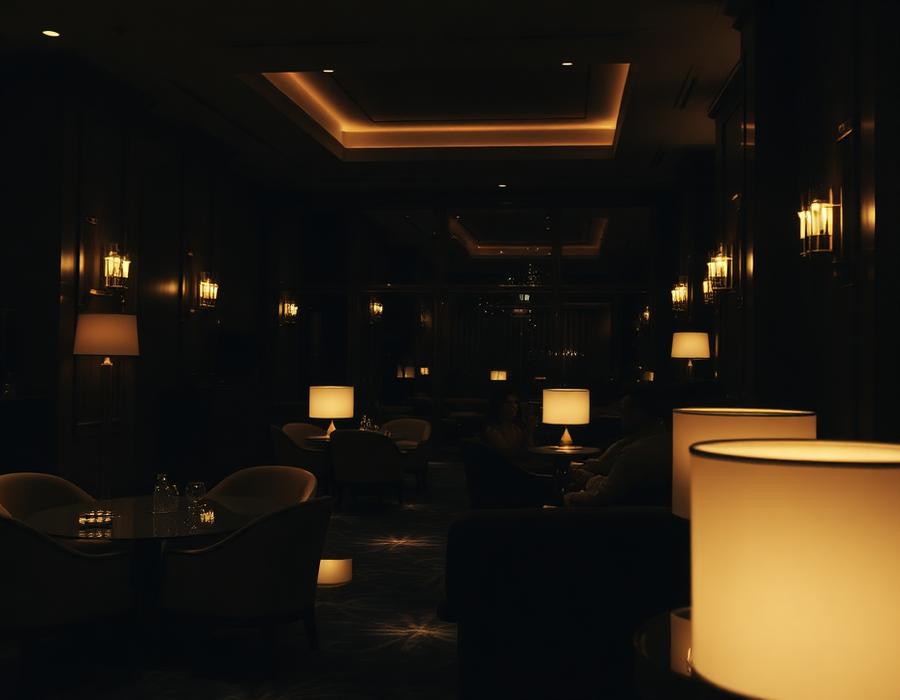Dark, warmly lit luxury hotel lounge
