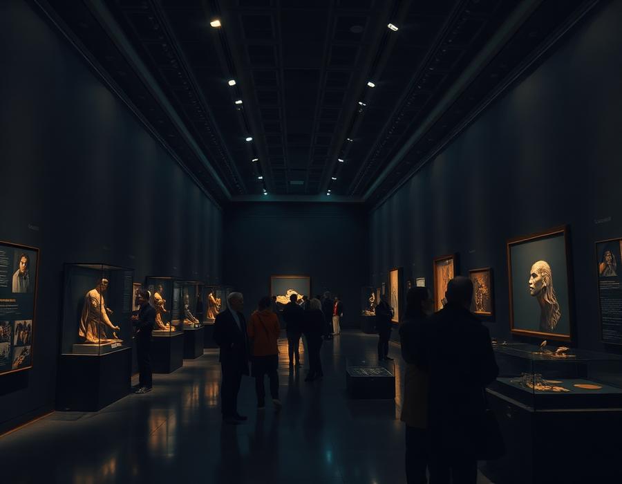 Museum gallery with visitors viewing lit exhibits